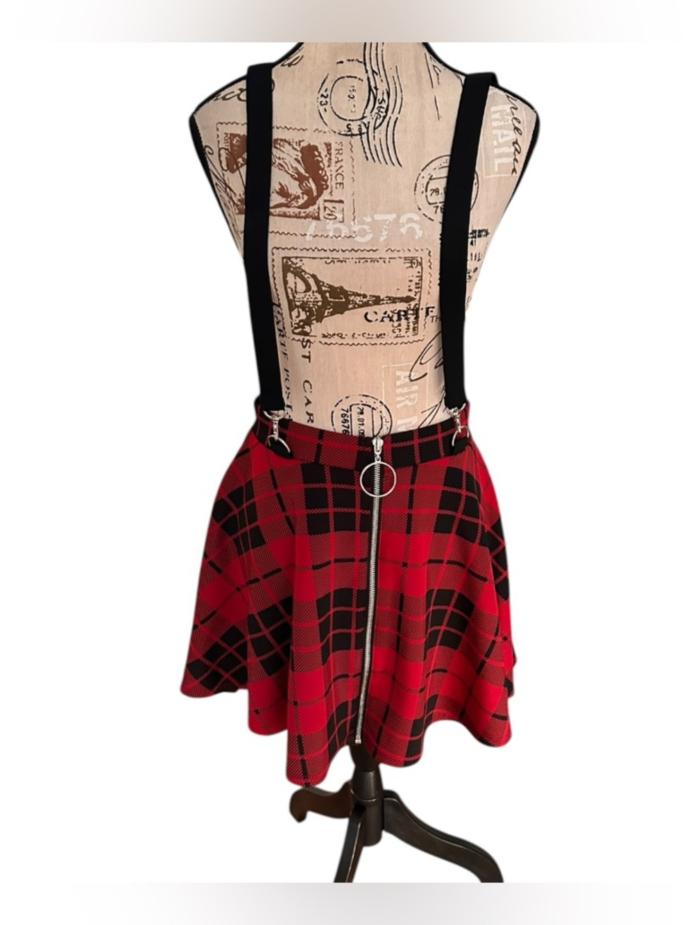 Red Black Plaid Skater Mini Skirt O Ring Zip Suspender Goth Punk Small Indie